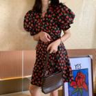 Short-sleeve Floral Print Mini A-line Dress Red Flower - Black - One Size