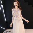 3/4-sleeve Flower Embellished A-line Evening Gown