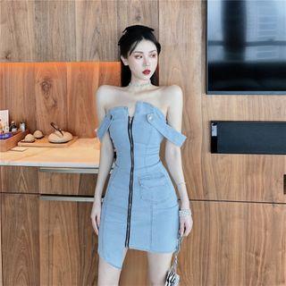 Wide Strap Denim Asymmetric Hem Mini Bodycon Dress