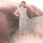 Long-sleeve Midi Qipao / Frog-button Fluffy Trim Vest / Set