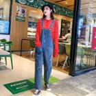 Long-sleeve Buttoned Placket Striped Knit Top / Embroidered Ripped Denim Dungaree