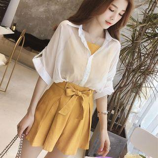 Set: Tank Top + Wide Leg Shorts + Elbow-sleeve Shirt