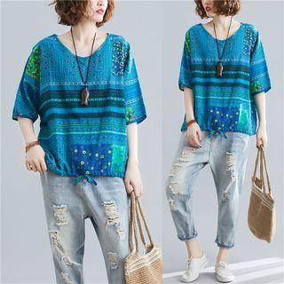 Patterned V-neck Elbow-sleeve Linen T-shirt Peacock Blue - One Size