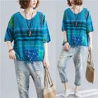 Patterned V-neck Elbow-sleeve Linen T-shirt Peacock Blue - One Size