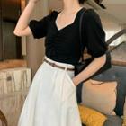 Set: Short-sleeve Lace Trim Blouse + Midi A-line Skirt