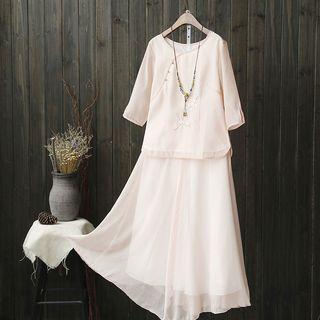 Set: Embroidery Silk Top + Midi Skirt