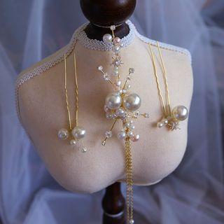 Set: Wedding Faux Pearl Pendant Headpiece + Hair Stick Set Of 3 - White - One Size