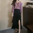 Cold-shoulder Shirt / Lace Trim Ruffle Midi A-line Skirt