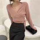 V-neck Tie-waist Cropped Sweater / Slit Maxi Skirt