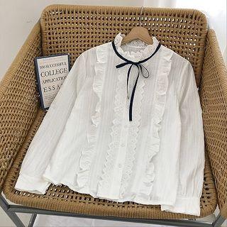 Plain Ruffled-trim Lace-up Long-sleeve Blouse White - One Size