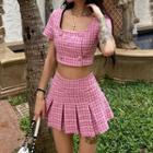 Short-sleeve Double-breasted Plaid Crop Blouse / A-line Skirt
