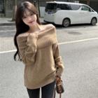 Off-shoulder Plain Sweater Brown - One Size