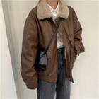 Fleece Collar Faux Leather Zip-up Jacket