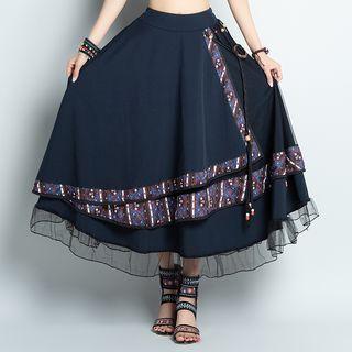 Pattern Trim Midi A-line Skirt Navy Blue - One Size