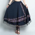 Pattern Trim Midi A-line Skirt Navy Blue - One Size