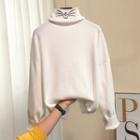 Mock Turtleneck Cat Embroidered Knit Top White - One Size
