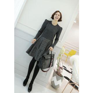 Knit-panel Plaid Ruffle-hem Dress