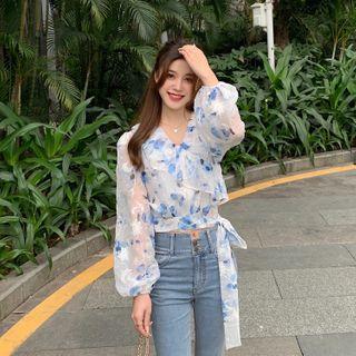 Ruffled Embroidered Blouse Blue & White - One Size