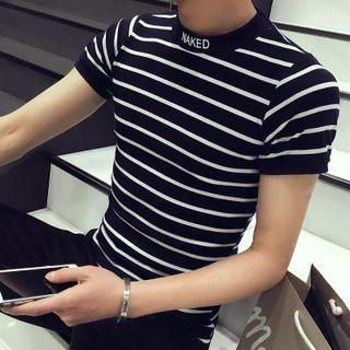 Short-sleeve Mock Neck Lettering Stripe T-shirt