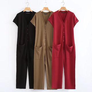 Plain Pocketed Short Sleeve Jumpsuit