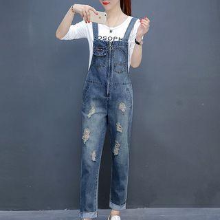 Set: Lettering Long-sleeve T-shirt + Distressed Dungaree
