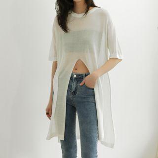 Tie-front Sheer Long Knit Top