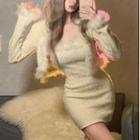 Fluffy Trim Bolero Jacket / Strapless Mini Bodycon Dress