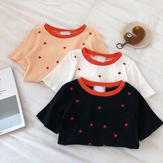 Color-block Heart Embroidered Crewneck Knit Short-sleeve Top