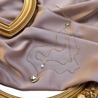 Heart Faux Pearl Pendant Layered Necklace Gold - One Size