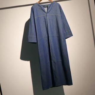 Long-sleeve Denim Midi Dress Dark Blue - One Size
