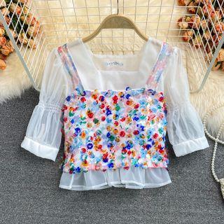 Set: Square-neck Chiffon Blouse + Floral Crop Tank Top