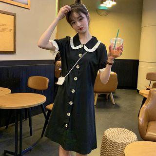 Short-sleeve Button A-line Dress Black - One Size
