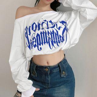 One-shoulder Lettering Cropped Sweatshirt
