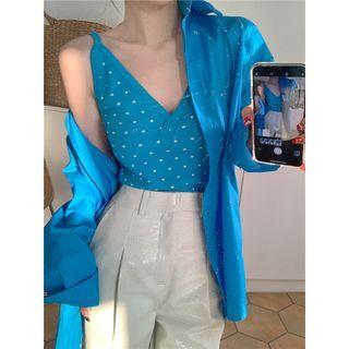 Long-sleeve Plain Loose-fit Shirt / Dotted Camisole Top