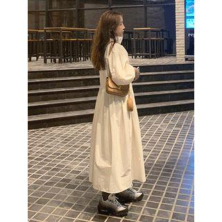 Puff-sleeve Shirred-trim Long Dress