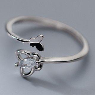 Butterfly Rhinestone Sterling Silver Open Ring