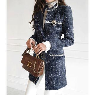 Fray-edge Hidden-button Tweed Coat