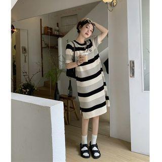 Short-sleeve Striped Knit Dress Stripe - Black & Light Gray & Beige - One Size