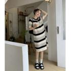 Short-sleeve Striped Knit Dress Stripe - Black & Light Gray & Beige - One Size