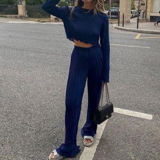 Set: Long-sleeve Crew Neck Crop Top + Straight Leg Pants