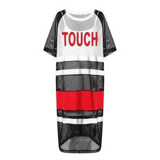 Set: Color Block Mesh Short-sleeve T-shirt Dress + Strappy Dress