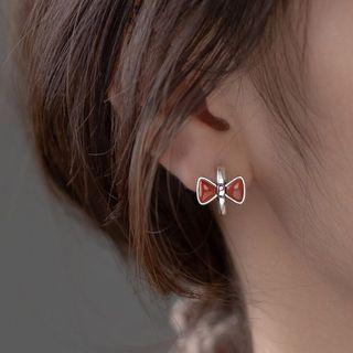 Bow Agate Sterling Silver Hoop Earring 1 Pair - S925 Silver - Brown - One Size