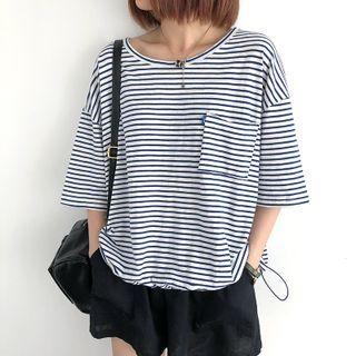 Elbow-sleeve Striped Drawstring T-shirt