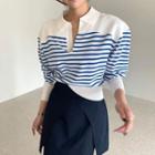 Striped Color Block Lapel Puff Long-sleeve Knitted Sweater