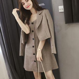 Set: Open Front Blazer + Spaghetti Strap Buttoned A-line Dress