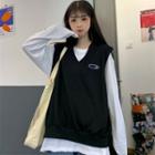 Oversize Long-sleeve T-shirt / Letter Embroidered Vest