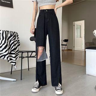 High-waist Plain Ripped Split Straight-cut Jeans