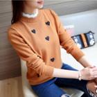 Mock Two-piece Mock-neck Heart Embroidery Sweater