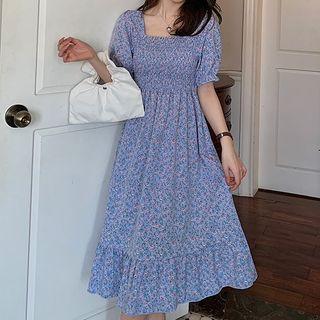 Square-neck Ruched Floral Dress