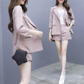 Set: Checked Double-breasted 3/4-sleeve Blazer + High-waist Shorts